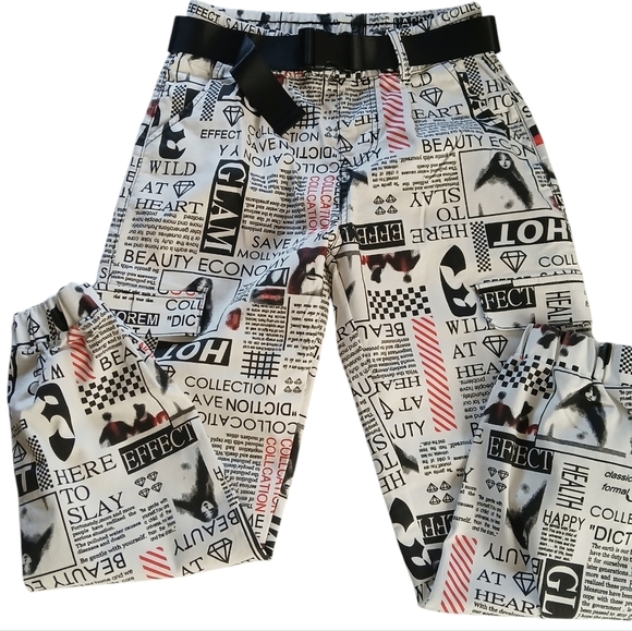 V.I.P. Joggers Canvas Pants Bold Graphic Print Belt Pockets Elastic Waist - Picture 4 of 14